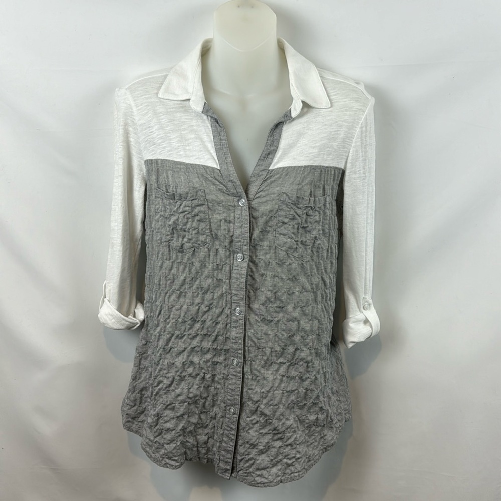 DREW Color Block Button Down 3/4‎ Sleeve Shirt White Gray Front Pockets Size XS